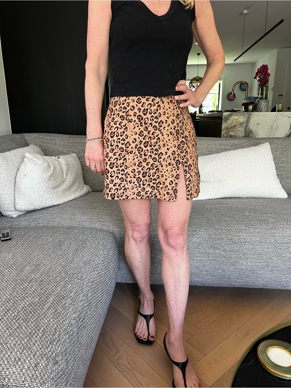 Reformation Tan and Black Leopard-Print A-Line Mini Skirt